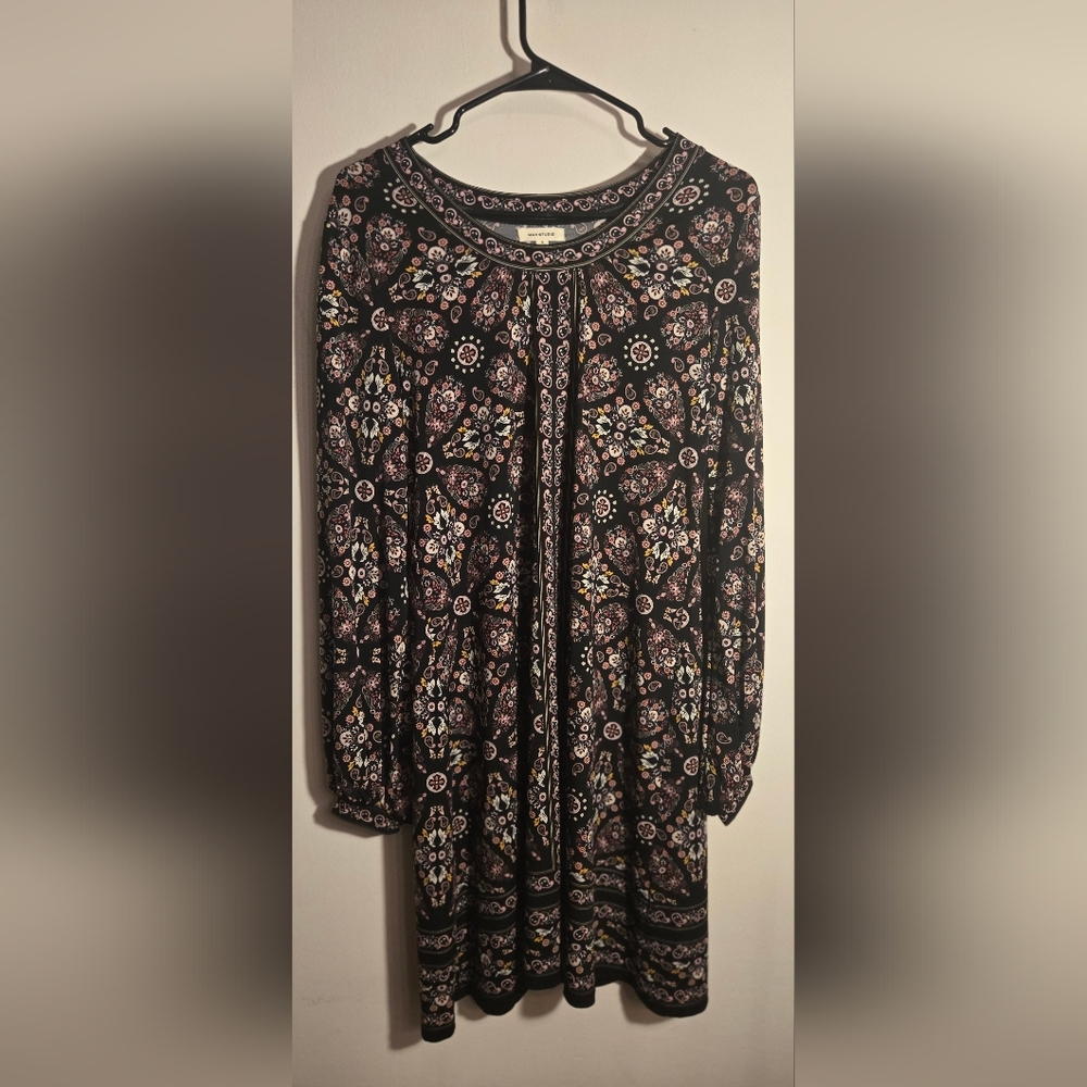Max Studio Black Floral Tunic Dress with Pink and Yellow Accents